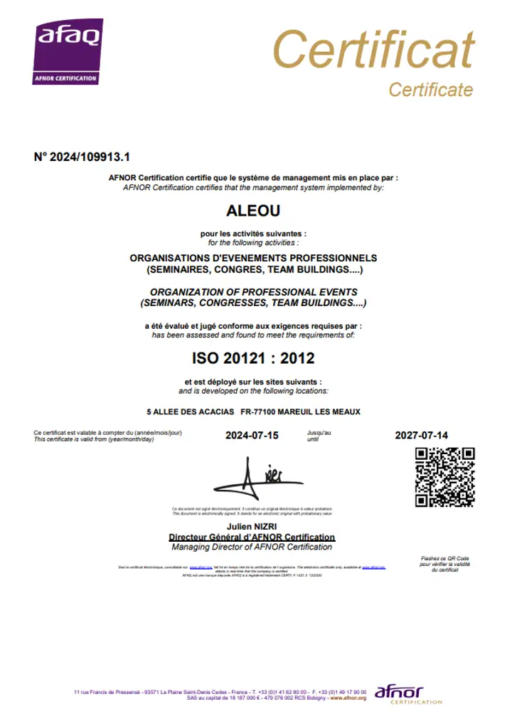 Certificat ISO 20121